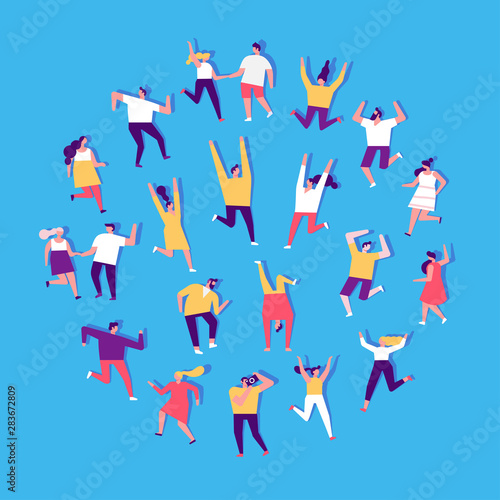 People dancing and have fun. Flat vector character set. Birthday party, student party, celebration, event. Friendship.  Couples. Happy people. Men and women enjoying dance party.	