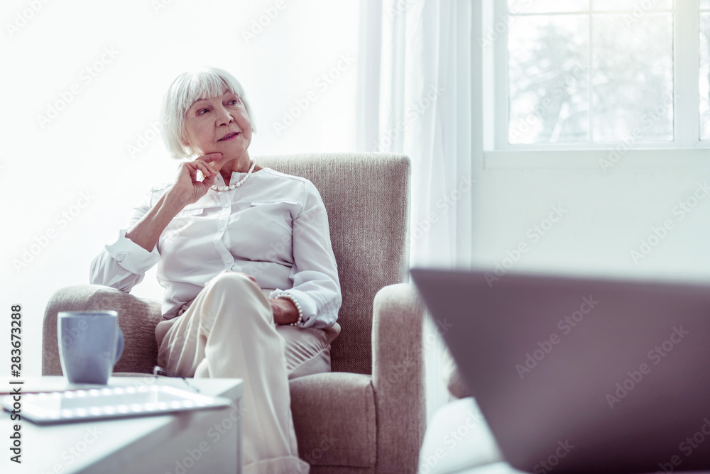 Elegant retired woman sitting in armchair standing near the window Elegant retired woman sitting in armchair standing near the window