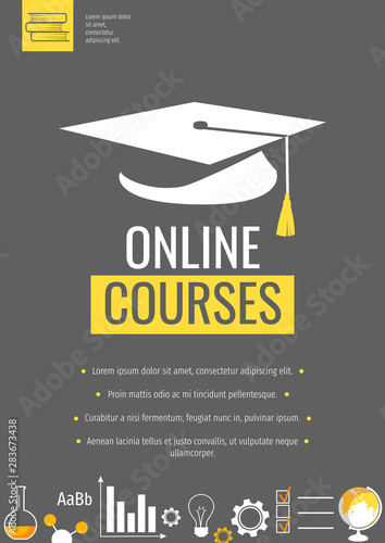 Flyer, banner, poster, brochure design  with simple flat Icons on the dark background. Distance education, online courses and e-learning concept. Vector illustration in a flat style.