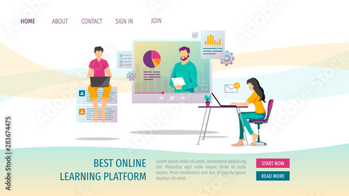 Web page design for Online training, webinar, e-learning, working process. People studying or working with laptops. Vector illustration for poster, banner, website.