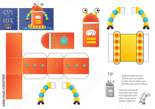 Cut and glue robot toy vector illustration, worksheet. Paper craft and small pieces riddle