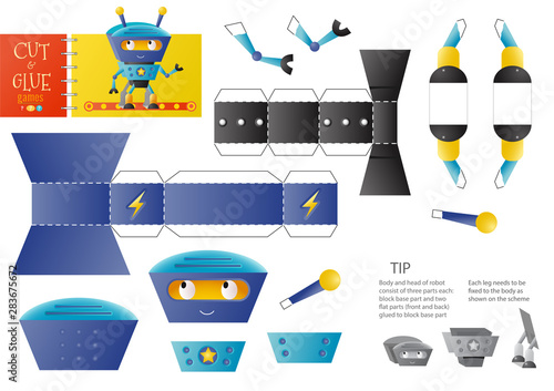 Cut and glue robot toy vector illustration, worksheet. Paper craft and small pieces riddle