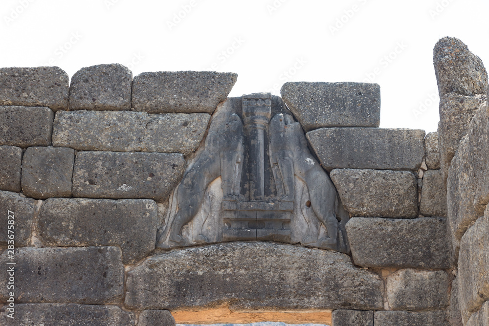 Lion gate, the main entrance of the citadel of Mycenae. Archaeological site of Mycenae in Peloponnese, Greece. In the second millennium BC, it was one of the major centers of Greek civilization.