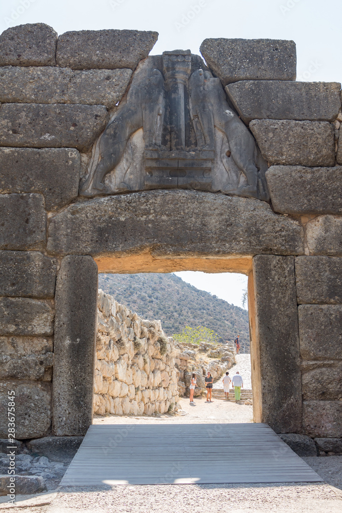Lion gate, the main entrance of the citadel of Mycenae. Archaeological site of Mycenae in Peloponnese, Greece. In the second millennium BC, it was one of the major centers of Greek civilization.