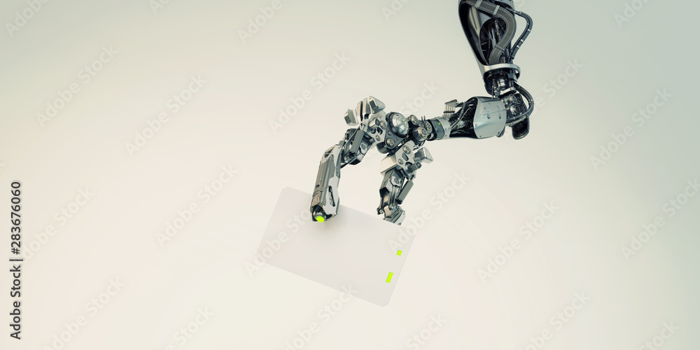 Sci-fi robotic arm showing blank card, 3d rendering Sci-fi robotic arm showing blank card, 3d rendering