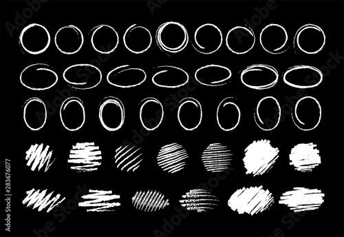 Chalk marker circle frame set vector illustration. Group of hand drawn round frames and chalked scribbles. White color chalk blob brush marks for social media or office style design