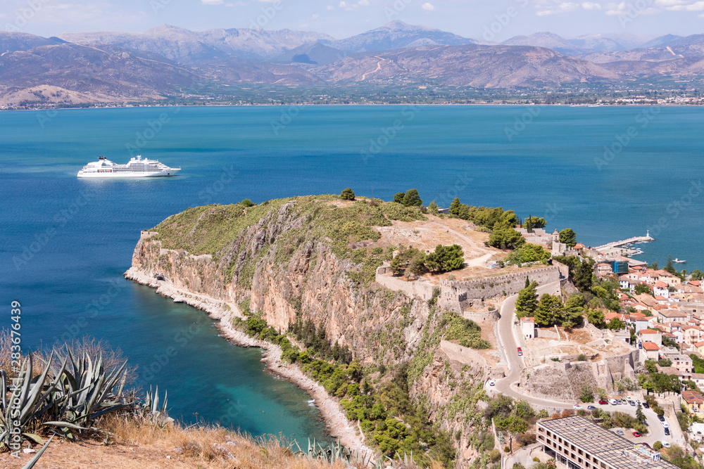 Aerial view from famous Venetian Palamidi fortress over city of Nafplio former capital of Greece, Peloponnese.