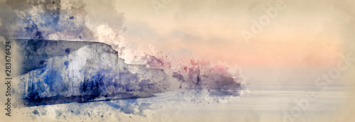 Digital watercolour painting of Panorama landscape at sunrise over Seven Sisters in South Downs National Park © veneratio