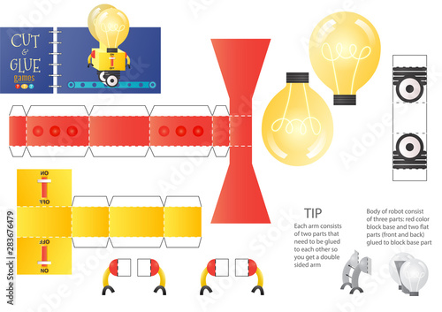 Cut and glue robot toy vector illustration, worksheet. Paper craft and diy model
