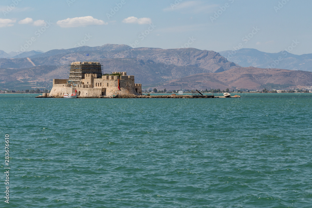 Bourtzi Castle on a small islet in city of Nafplio former capital of Greece, Peloponnese.