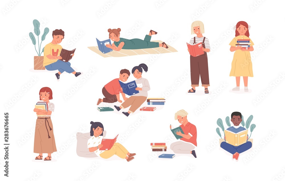 Bundle of reading children or studying kids. Collection of boys and girls with books, readers, young literature fans isolated on white background. Modern flat cartoon colorful vector illustration. Bundle of reading children or studying kids. Collection of boys and girls with books, readers, young literature fans isolated on white background. Modern flat cartoon colorful vector illustration.