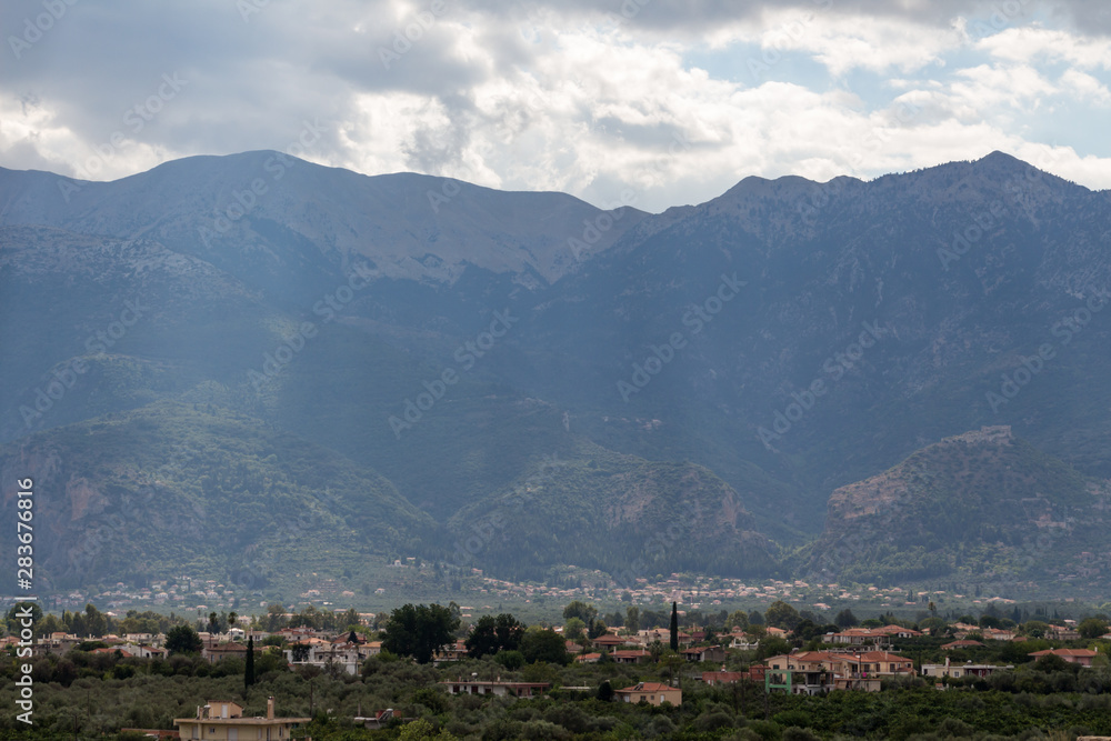 Panoramic view of town of Sparta, Peloponnese, Greece with Taygetus mountains in the background.
