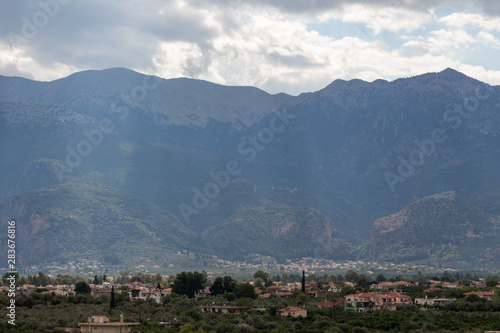 Panoramic view of town of Sparta, Peloponnese, Greece with Taygetus mountains in the background.