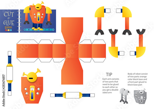 Cut and glue robot toy vector illustration, worksheet. Paper craft and diy model