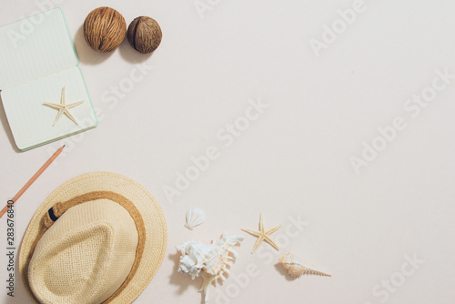 Colorful summer holidays fashion flat lay - straw hat, camera, sunglasses, sea shells on ligh background