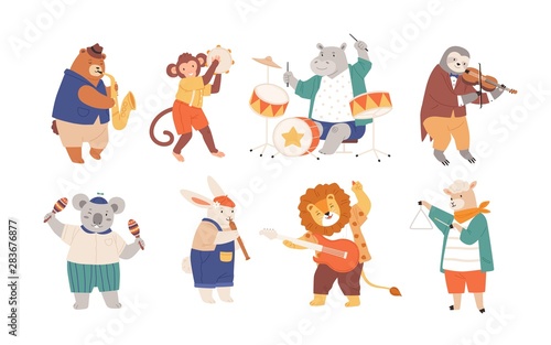 Bundle of funny animals playing musical instruments isolated on white background. Collection of cute cartoon musicians with guitar, flute, maracas, violin, sax. Flat childish vector illustration. © Good Studio