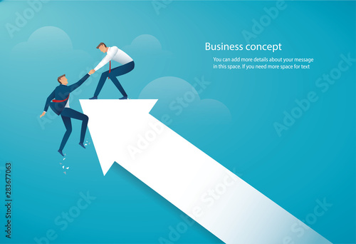 man holding partner hands hanging cliff arrow help concept together. vector illustration EPS10
