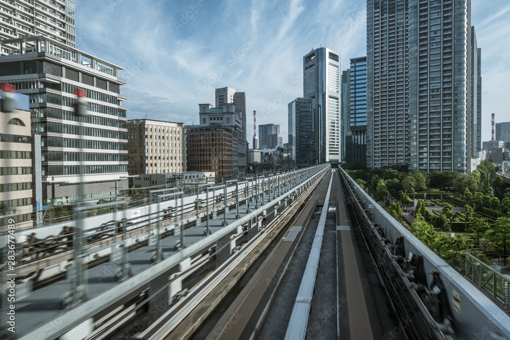 Cityscape from monorail sky train in Tokyo