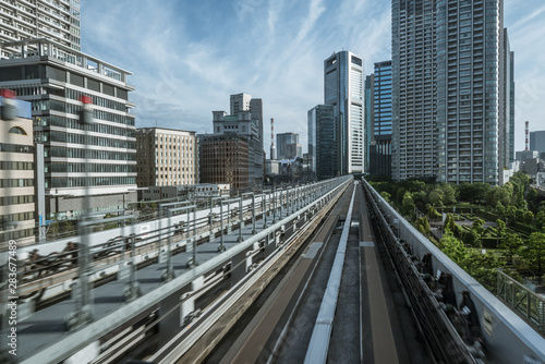 Cityscape from monorail sky train in Tokyo