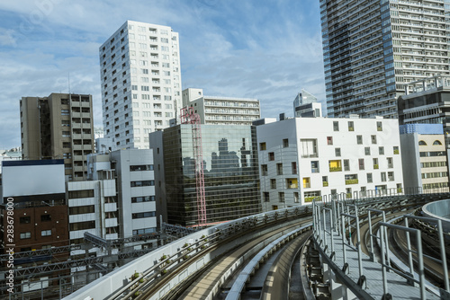 Cityscape from monorail sky train in Tokyo