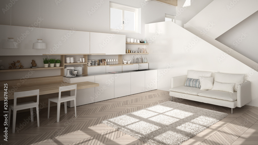 Minimalist modern white and wooden kitchen in contemporary open space with clean staircase, living room with sofa and carpet, interior design architecture concept idea Minimalist modern white and wooden kitchen in contemporary open space with clean staircase, living room with sofa and carpet, interior design architecture concept idea