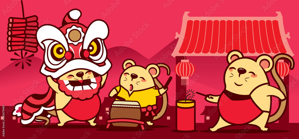 The cute rats playing Chinese New Year Lion Dance and firecracker. Chinese New Year. Year of the rat. - Vector The cute rats playing Chinese New Year Lion Dance and firecracker. Chinese New Year. Year of the rat. - Vector