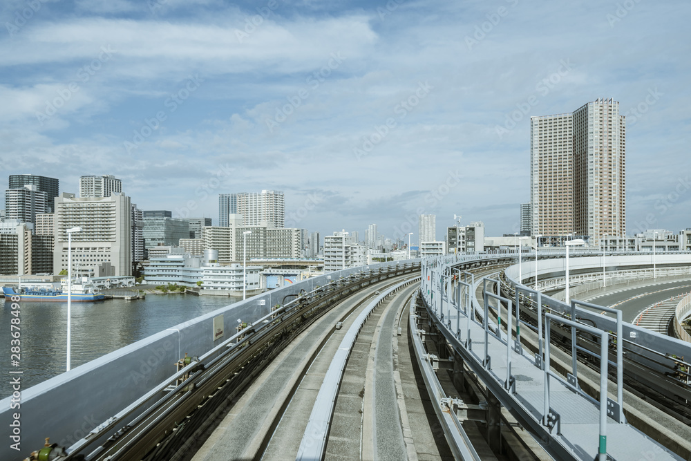 Cityscape from monorail sky train in Tokyo