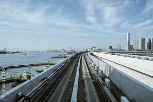 Cityscape from monorail sky train in Tokyo