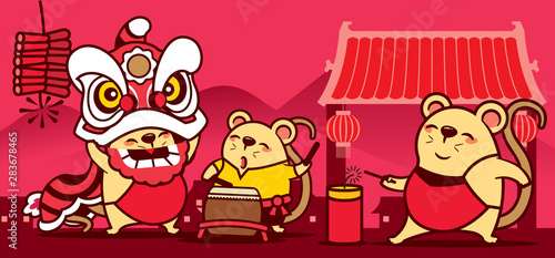 The cute rats playing Chinese New Year Lion Dance and firecracker. Chinese New Year. Year of the rat. - Vector