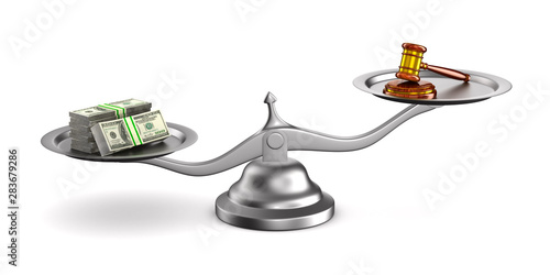 wooden gavel, money and sca...