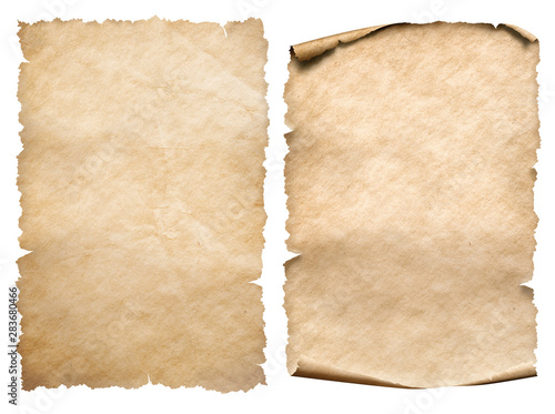 Two vintage paper or parchments isolated on white