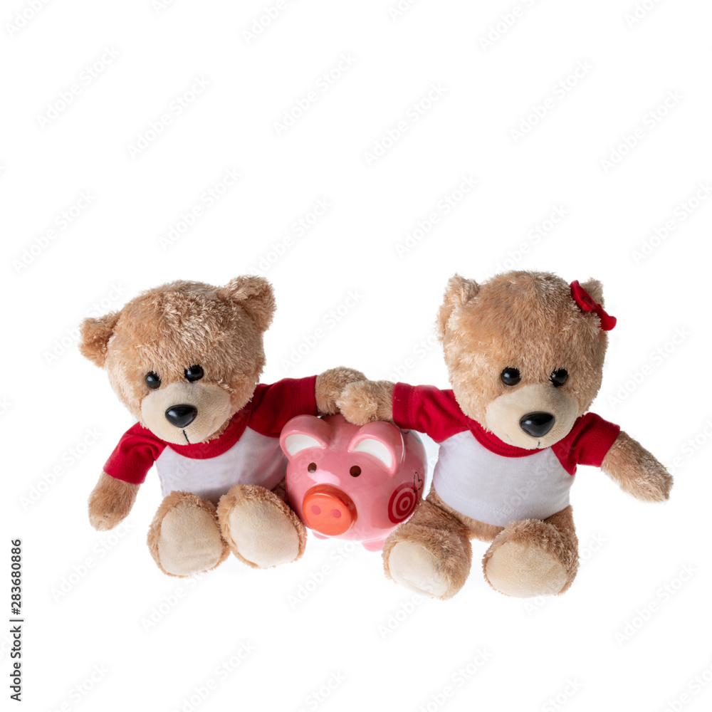 Teddy bear boys and girls along with piggy bank isolated on white background, Concept of saving money Teddy bear boys and girls along with piggy bank isolated on white background, Concept of saving money