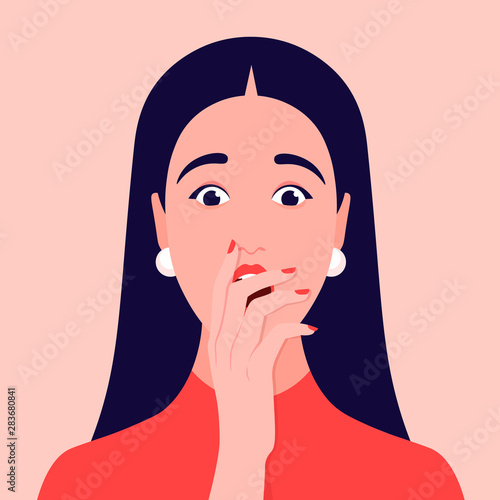 Portrait of a surprised woman. Face of shocked girl with hand over open mouth. Avatar. Vector flat illustration