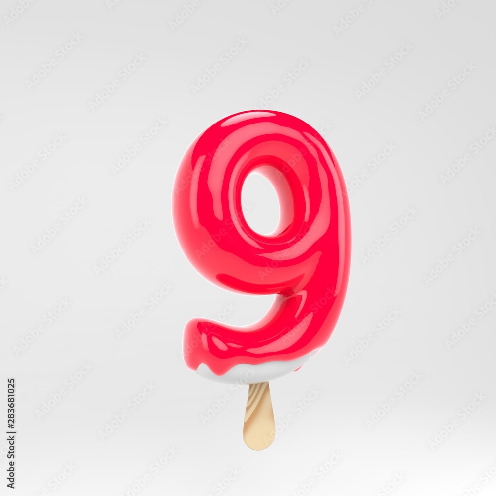 Ice cream number 9. Pink popsicle alphabet. 3d rendered dessert lettering isolated on white background. Ice cream number 9. Pink popsicle alphabet. 3d rendered dessert lettering isolated on white background.