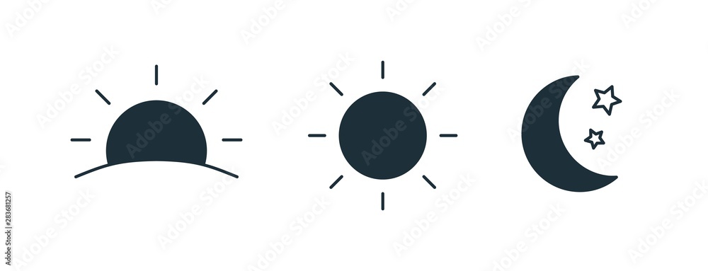 Bundle of black silhouettes of rising or setting sun, crescent moon and stars. Collection of day and night time pictograms. Set of design elements isolated on white background. Vector illustration. - obrazy, fototapety, plakaty 