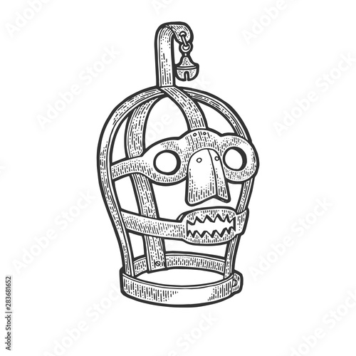 Scold's bridle medieval torture device sketch engraving vector illustration. Scratch board style imitation. Hand drawn image.