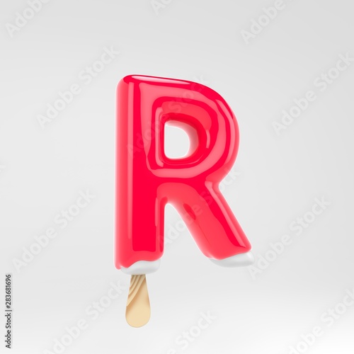 Ice cream letter R uppercase. Pink popsicle alphabet. 3d rendered dessert lettering isolated on white background.