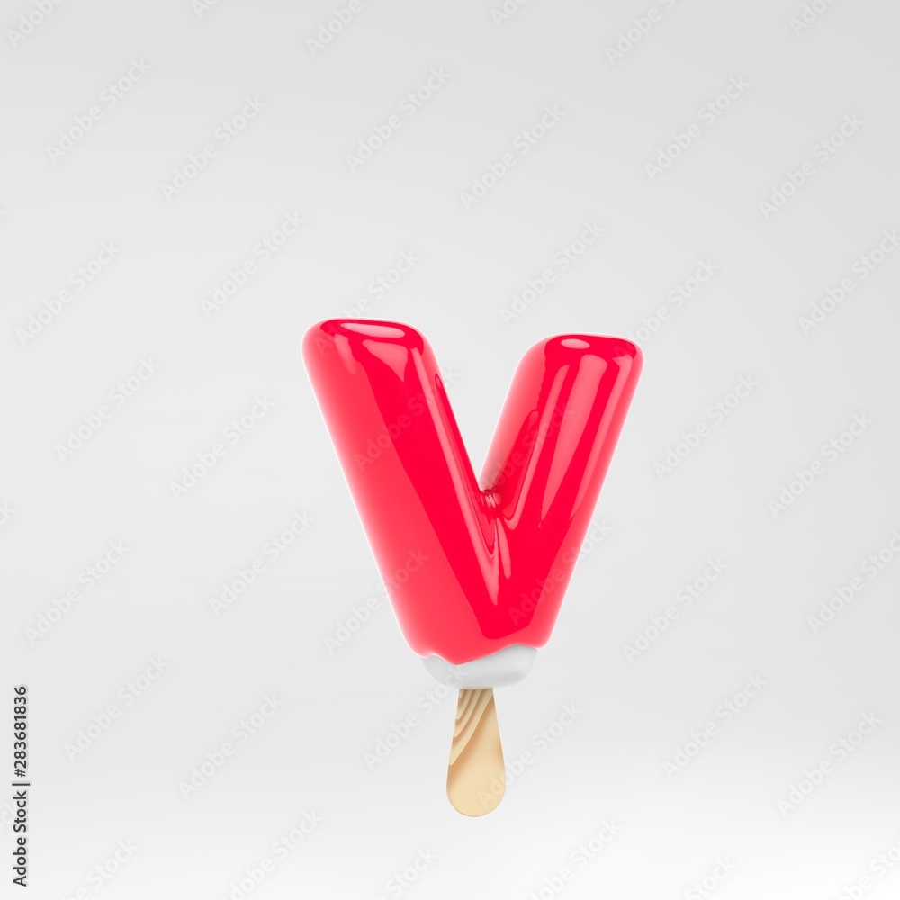 Ice cream letter V lowercase. Pink popsicle alphabet. 3d rendered dessert lettering isolated on white background. Ice cream letter V lowercase. Pink popsicle alphabet. 3d rendered dessert lettering isolated on white background.