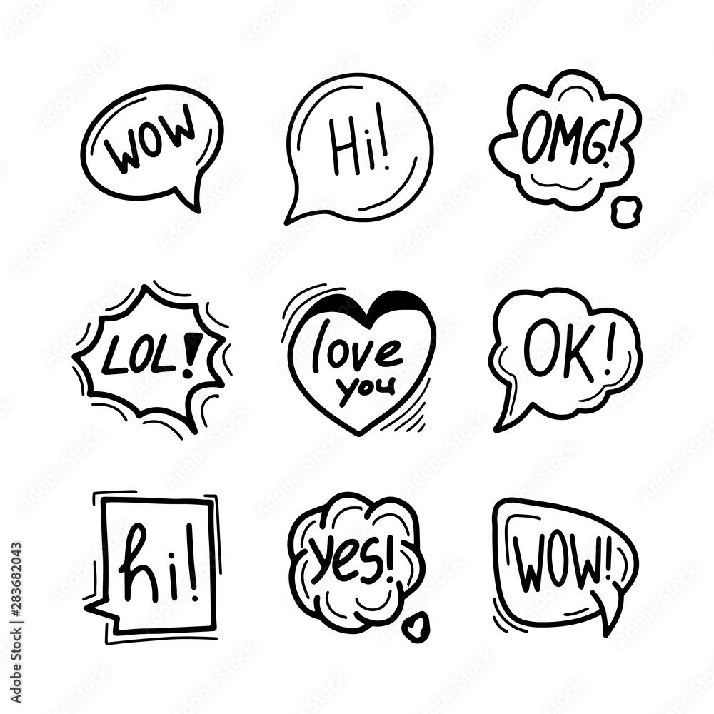 Set of hand drawn speech bubbles, clouds and balloons with some text. Social web internet icons, symbols, logos, banners Set of hand drawn speech bubbles, clouds and balloons with some text. Social web internet icons, symbols, logos, banners