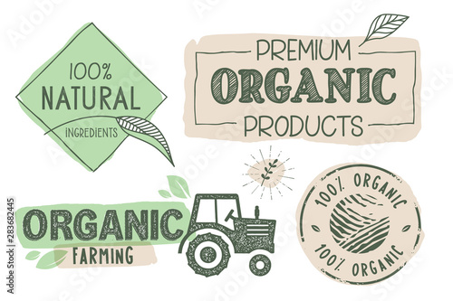 Organic food, farm fresh and natural products labels and stickers collection. Vector illustration for food market, e-commerce, restaurant, healthy life and premium quality food and drink promotion.