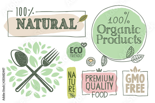 Organic food, farm fresh and natural products labels and badges collection. Vector illustration for food market, e-commerce, restaurant, healthy life and premium quality food and drink promotion.