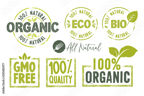 Organic food, farm fresh and natural products stickers and badges collection. Vector illustration for food market, e-commerce, restaurant, healthy life and premium quality food and drink promotion.