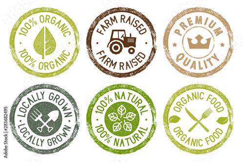 Organic food, farm fresh and natural products stickers collection. Vector illustration for food market, e-commerce, restaurant, healthy life and premium quality food and drink promotion.
