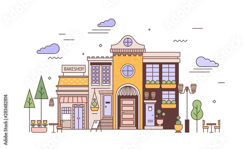 Urban landscape with facades of exquisite European building and bakery. Street view of city district with elegant house and bakeshop or bakehouse. Colorful vector illustration in line art style.