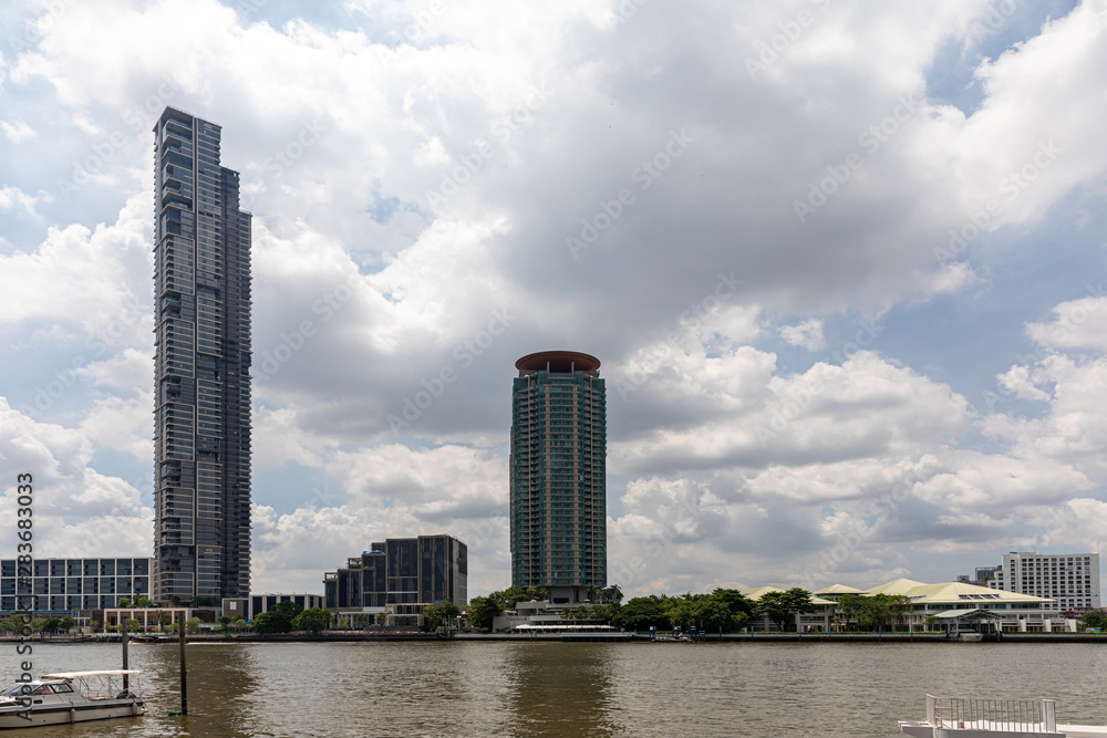 Bangkok view in the business from river Chao Phraya. Bangkok cityscape.