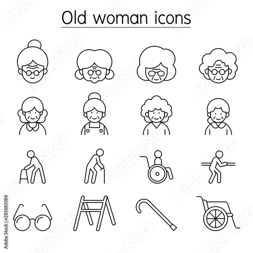 Old woman, Elder woman, Grandmother icon set in thin line style