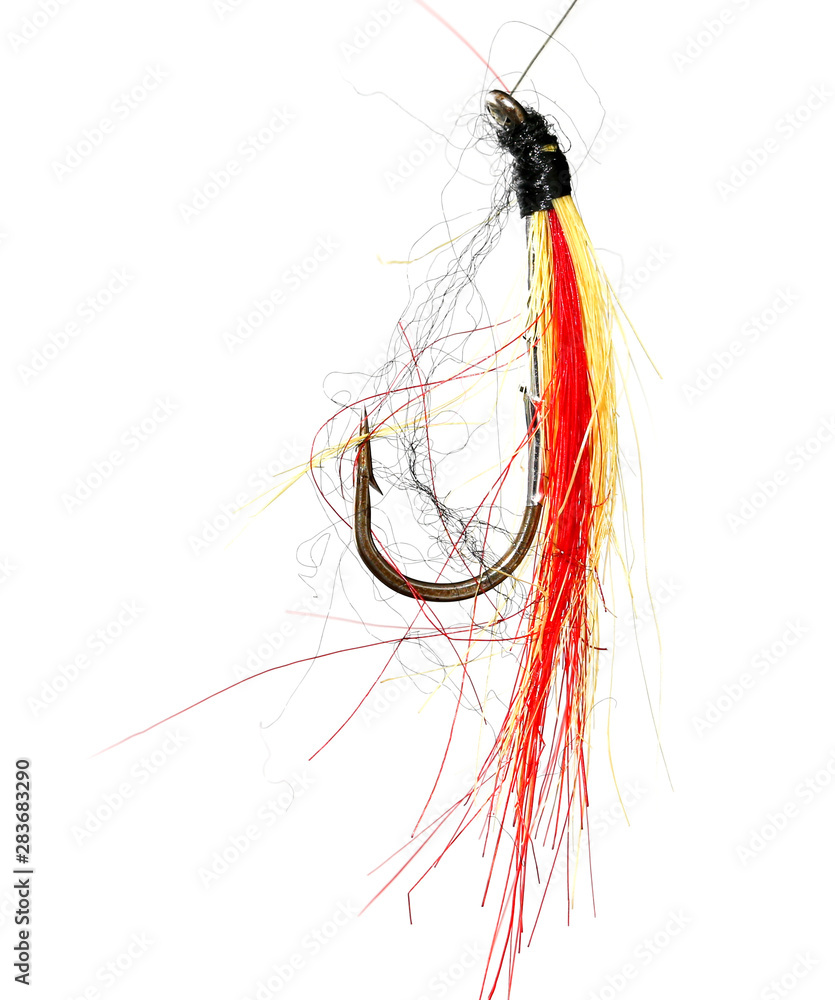 Feathers on a hook for fishing on a white background Feathers on a hook for fishing on a white background