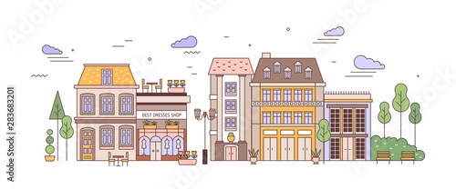 View of city or town street with exquisite antique residential buildings of European architecture. Urban landscape or cityscape with living houses. Colorful vector illustration in linear style.