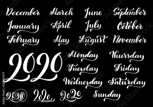 Big vector handdrawn calligraphic monthly set with months, year 2020 and days of week. Vector © Sk Elena
