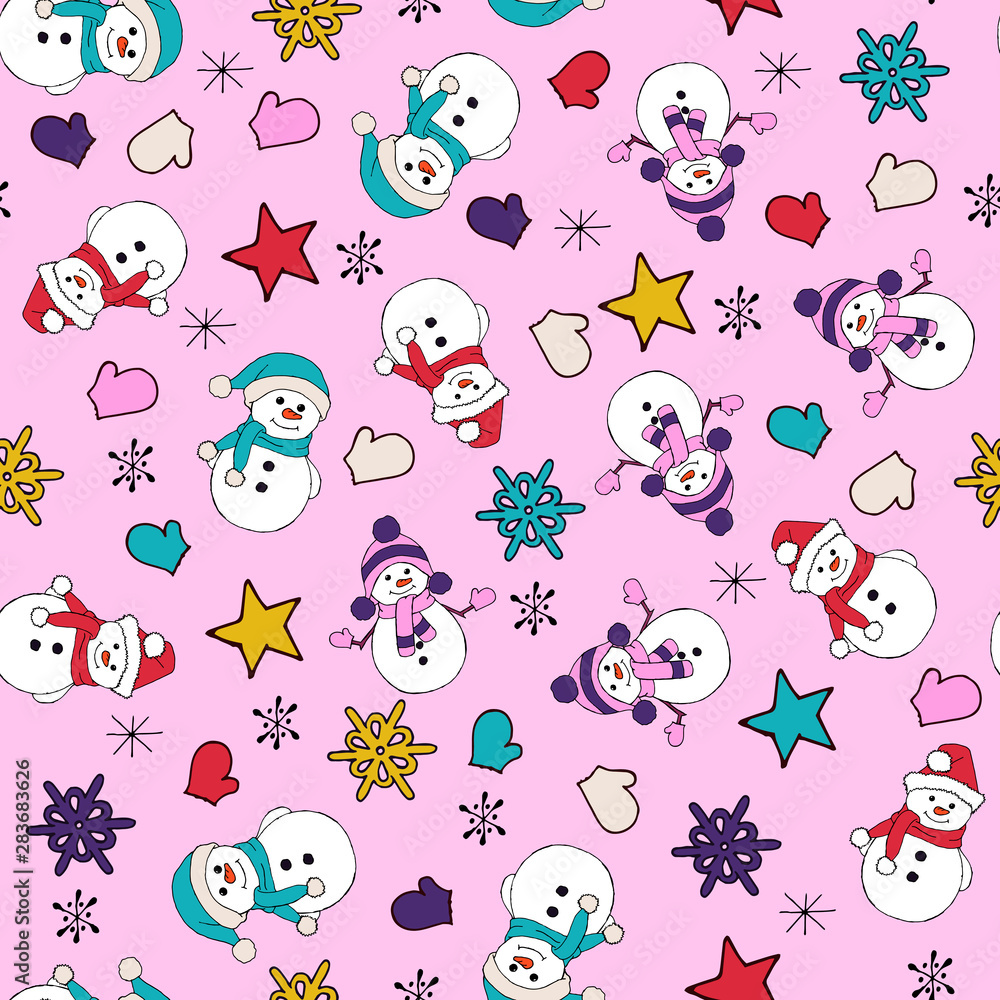 Fototapeta premium Christmas seamless pattern with snowman, fir trees and snowflakes. Perfect for wallpaper, wrapping paper, pattern fills, winter greetings, web page background